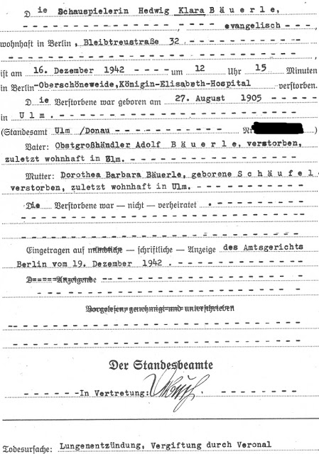 Death Registration of Clara Bauerle