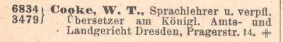Entry in 1909 Dresden telephone book for William Thomas Cooke (from Ancestry.co.uk)