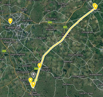 Gösta Caroli's escape route from Hinxton to Newmarket (from Google My Maps)