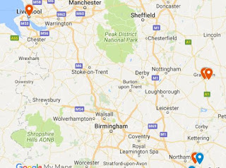 Markers associated with Double Agent SUMMER and his transmissions. Top left marker is Liverpool. Cluster of markers along mid-right is Grantham area. Lower right marker (orange) is SUMMER's landing site. (Blue markers are landing sites of other spies). (Google My Maps)