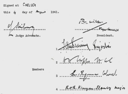 Signatures of the Judge Advocate, President and four Members of the Court Martial  (National Archives - WO 32/18144)