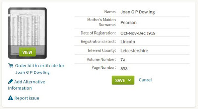 Joan G.P. Dowling birth index - from Ancestry.co.uk