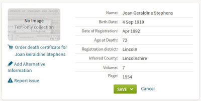 Joan Geraldine Stephens death index - from Ancestry.co.uk