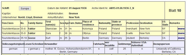 Bremen passenger list entry for Kurt Goose