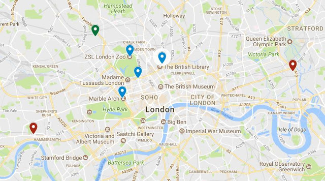 Map of London with possible locations for assignations (blue) and address of Frau Lily Knips (green).  Red markers denote Edgar Road (right) and Ravenscourt Park (left) which are unlikely locations given  their distance from central London. (map available here for further perusal)