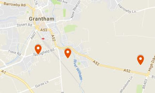 Google Map showing BMARC location (left marker),  Aveling & Barford Factory (middle marker) and  Grantham Aerodrome (right marker).  (From Google My Maps)