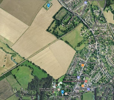 Google Map - have added blue markers for St. Mary the Virgin (bottom of image) and Great Shelford village cemetery (top of image).