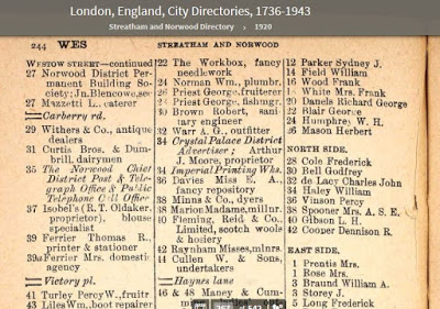 1920 Streatham Directory - 37 Westow Street - occupied by "Isobel