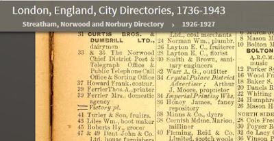 1926-1927 Streatham Directory - 37 Westow Street - has Frank Howard but in this case he is a Costermonger, which seems a bit of a career drop.