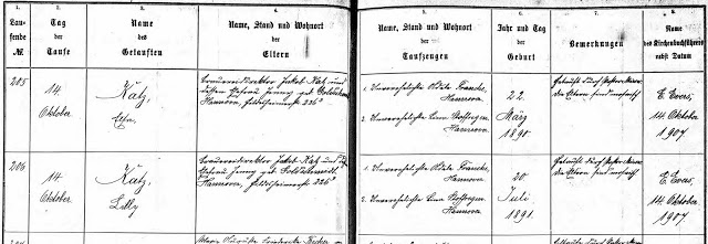 Protestant baptismal register for Elsa & Lily Katz in 1907