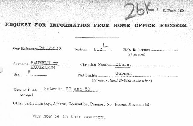February 12, 1941 - KV 2/24 - 26k - MI5 request for Home Office lookup of Clara Bauerle.