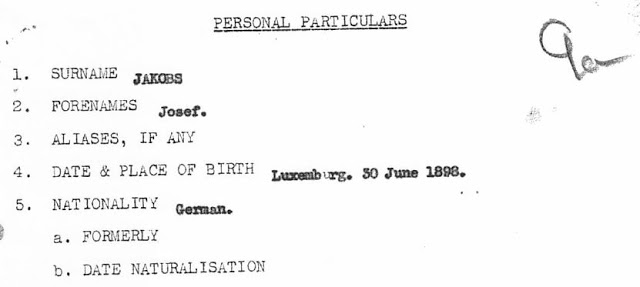 National Archives - KV 2/24 - 9a - extract from the Personal Particulars of Josef Jakobs