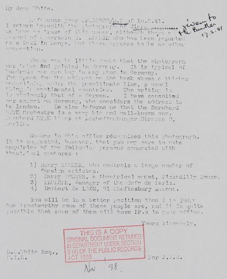 February 12, 1941 - KV 2/24 - 25a - S.I.S. report to MI5 re: postcard of Clara Bauerle.