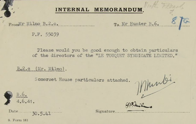 Memo from Milmo to Hunter re: Le Touquet Syndicate Ltd. (National Archives - Security Service file - KV 2/25, folio 87a)
