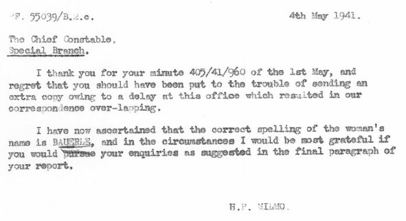 May 4, 1941 - KV 2/25 - 76a - MI5 to Special Branch re: correct spelling of Bauerle.
