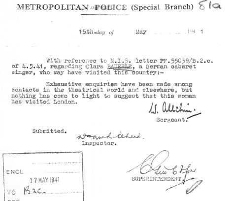 May 15, 1941 - KV 2/25 - 81a - Special Branch Report to MI5 re: no hits on Clara Bauerle.