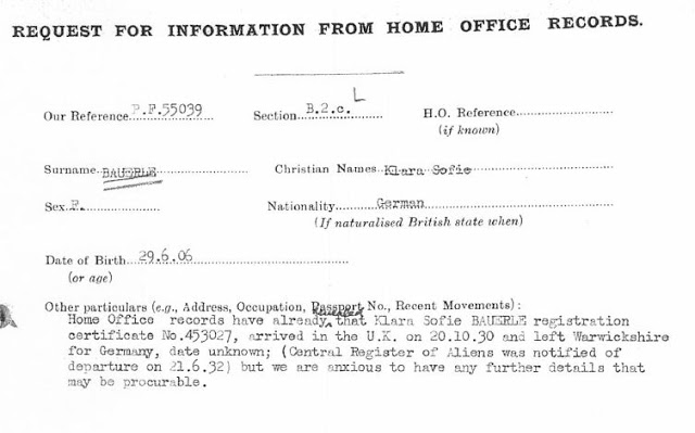 May 20, 1941 - KV 2/25 - 83b - MI5 request for Home Office Records lookup of Klara Sofie Bauerle.