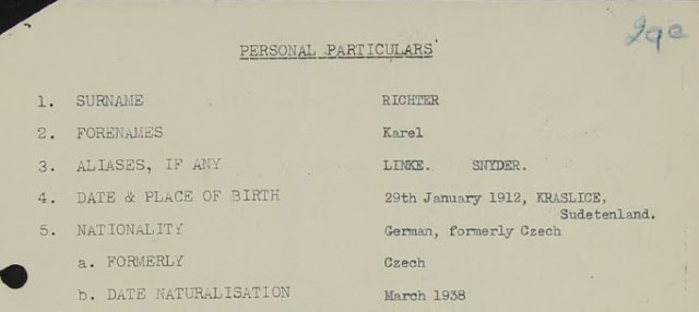 National Archives - KV 2/30 - 29a - extract from Personal particulars of Karel Richard Richter