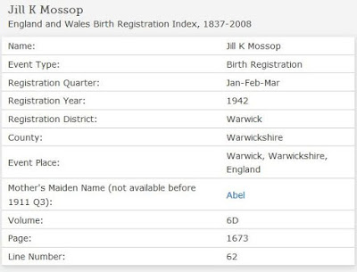 Birth Registration Index entry for Jill K. Mossop (from FamilySearch.org website)