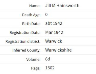 Death Registration Index for Jill M. Hainsworth (from Ancestry.co.uk website)