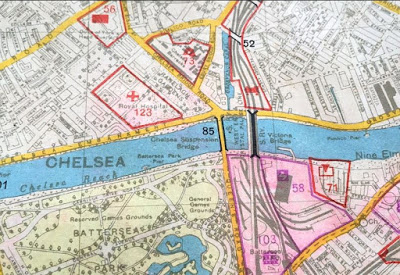 Map from a former Luftwaffe Navigator (Mail Online) dated November 30, 1941 identifying some of the bombing targets in the Chelsea area of London.