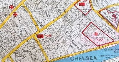 Map from a former Luftwaffe Navigator (Mail Online) dated November 30, 1941 identifying some of the bombing targets in London including the Royal Hospital in Chelsea.