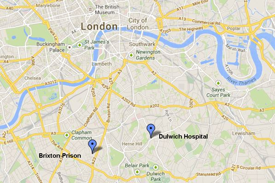 Google Map showing the location of Brixton Prison & Dulwich Hospital.