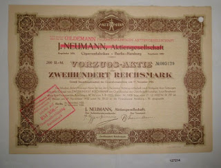 J. Neumann AG share certificate with the name replaced by Gildemann Cigarren Fabriken AG