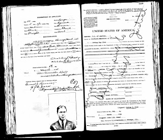 Ancestry - US Passport Applications - 8 March 1915 right side - reverse page of Samuel James Harris application left side - front page of Irving Guy Ries application
