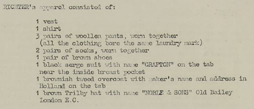 List of clothing articles found on Karel Richter (National Archives - KV 2/31 - 77a)