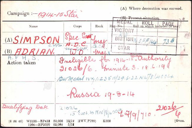 First World War Medal Card of Adrian Francis Hugh Sibbald Simpson (from Ancestry)