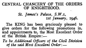 London Gazette - Supplement 37412, p. 275 Officers of the Civil Division of the Most Excellent Order of the British Empire