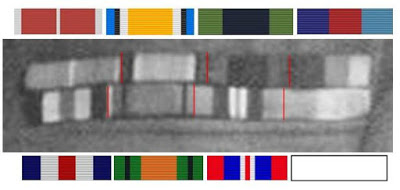 Grey-scale close-up of Stephens' ribbon bar with matching medal ribbons. I have added vertical red lines to better demarcate the ribbons.