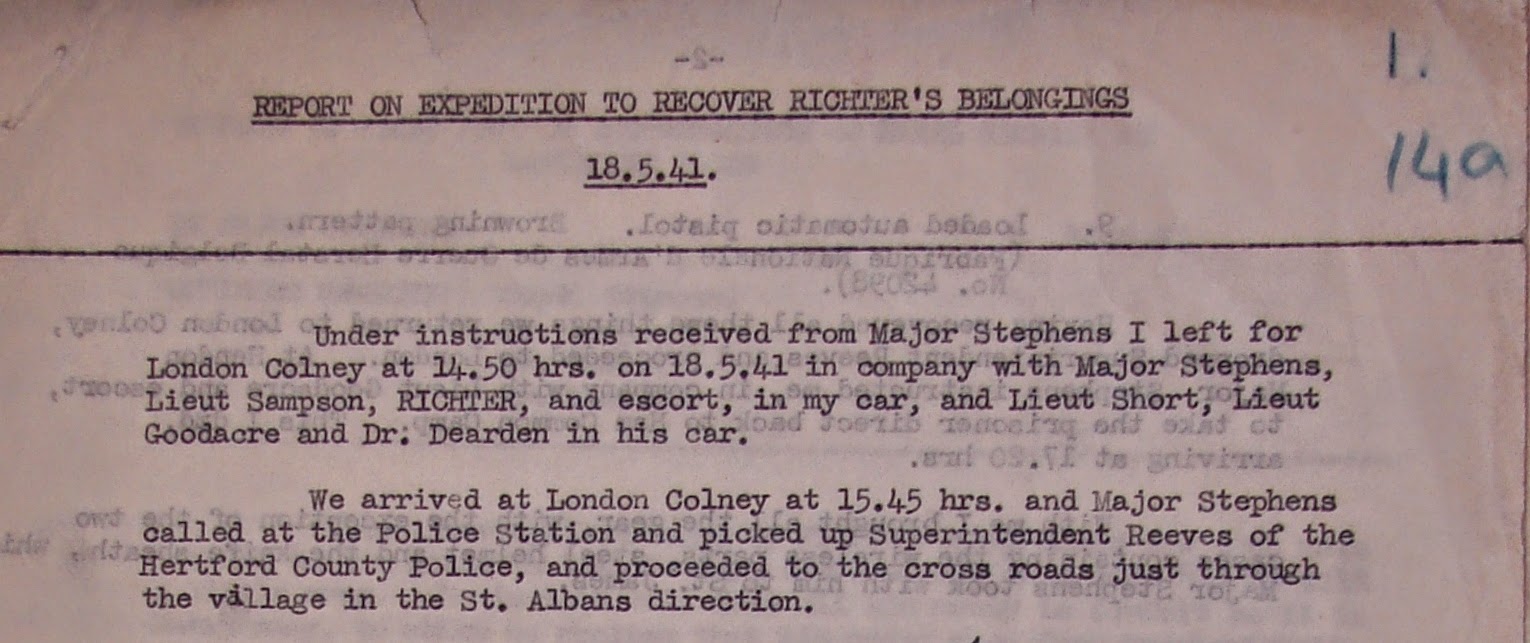 Extract from a report by D.B. Stimson summarizing the expedition to recover Richter's belongings. Stimson notes the names of all the officers involved in the expedition: Stephens, Sampson, Richter, an escort (guard), Short, Goodacre, Dearden and Superintendent Reeves. (National Archives - KV 2/30, folio 14a)