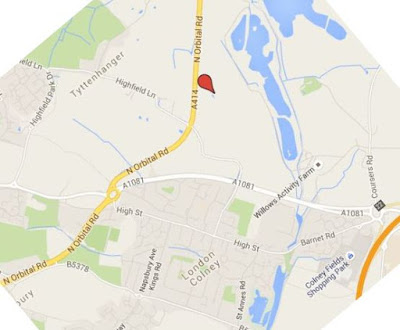 Google Map - London Colney and Karel Richter's likely landing spot.