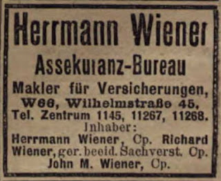 1914 Berlin address book with information for the Hermann Wiener insurance bureau