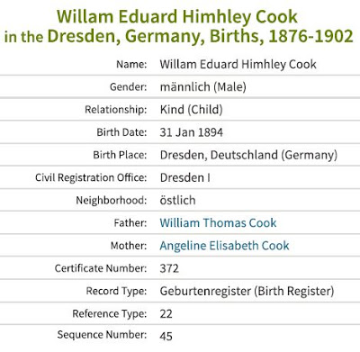 Synopsis of information from William Edward Hinchley Cooke's birth registration. (apparently the Ancestry transcribers also struggled with the German handwriting) (From Ancestry.co.uk)