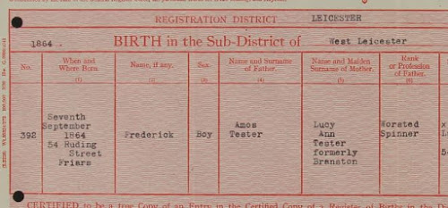 Birth Registration extract for Frederick Tester - 7 September 1864 in West Leicester (from Tester
