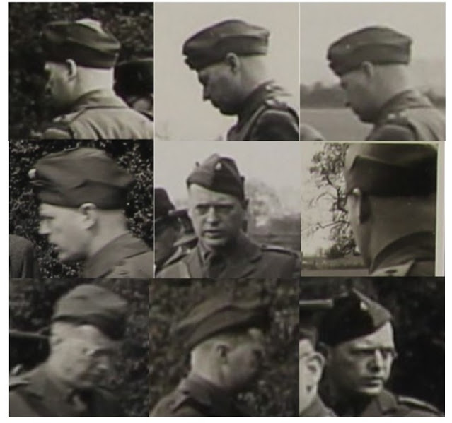 Collage of photographs of R.W.G. Stephens - from Karel Richter's file (KV 2/32). The last photograph (bottom right) is a mirror image photo to better mimic the head position of the Mackean photos.