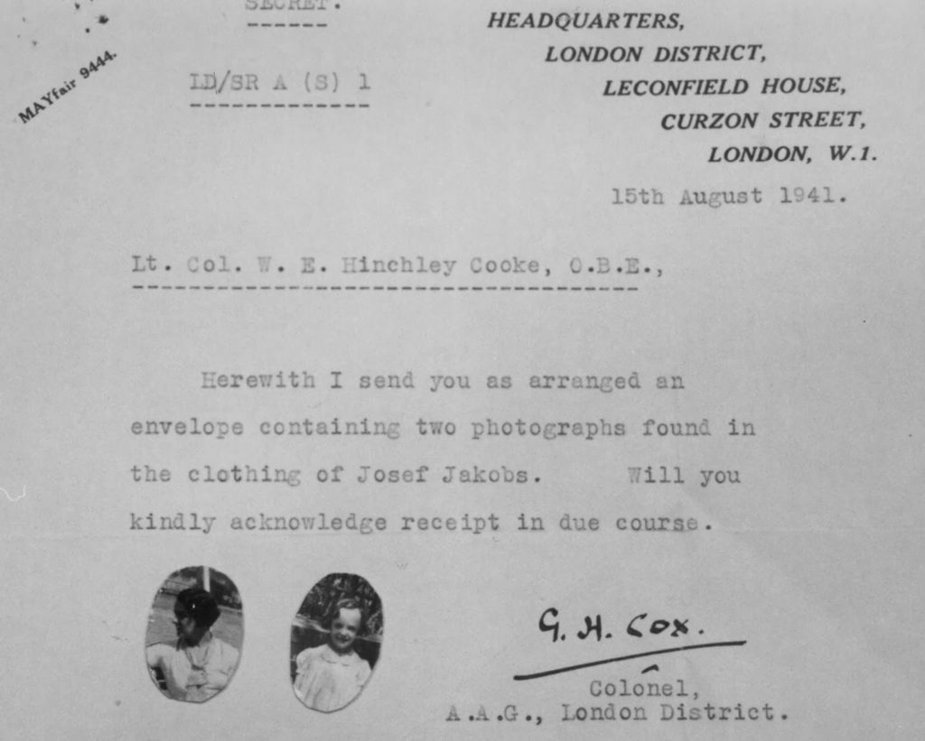 Letter acknowledging the discovery of photographs in the clothing of Josef Jakobs. From MI5 files, National Archives. Image copyright of Giselle K. Jakobs.
