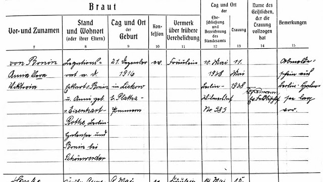 1938 marriage registration extract for Johann Rudolf Schröder and Anna Vera Viktoria von Bonin (from Ancestry)