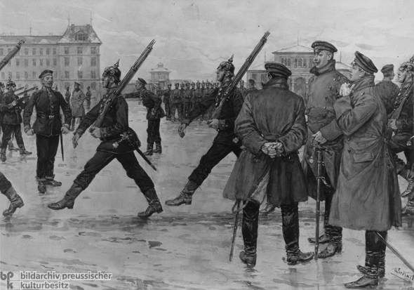 A watercolor by Otto Gerlach (1862-1898) shows the training of Prussian recruits (c. 188)) as they learn the infamous goose-step.