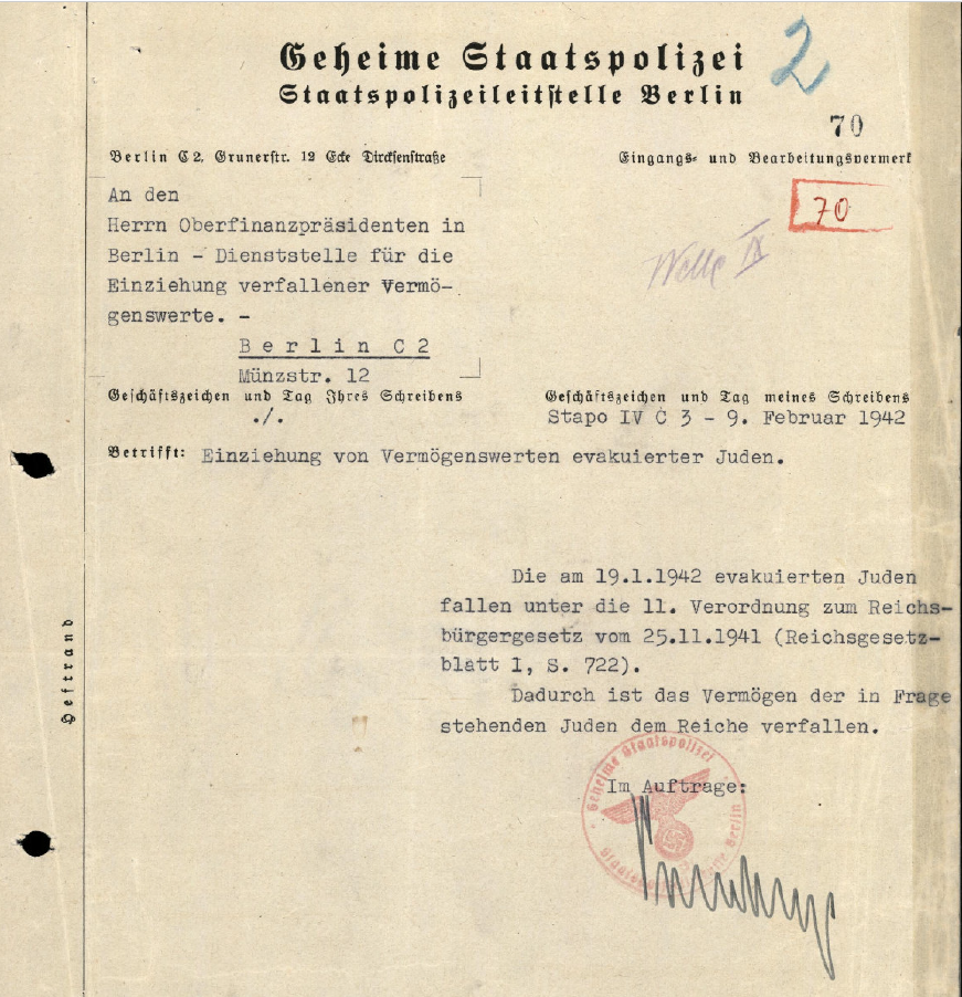 Gestapo report regarding the deportation of Jews on 19 January 1942 from Berlin to Riga.
(from Arolsen Archives)