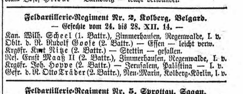 German War Casualty list from 18 January 1915 with an entry for Rudolf Goose (born in Essen).
