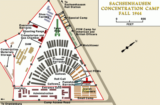 Plan of the Sachsenhausen Concentration Camp - Fall 1944. 
From USHMM site.