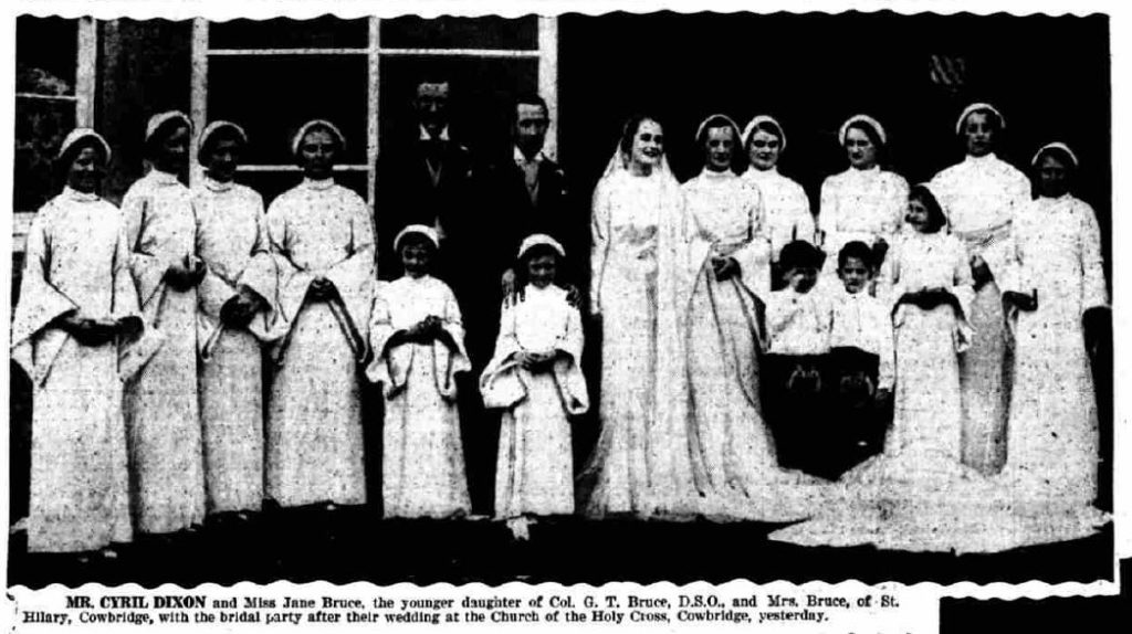 Bridal party for the wedding of Cyril E. Dixon and G. Jane R.E. Bruce
Western Mail, Friday April 6, 1934 - page 12
