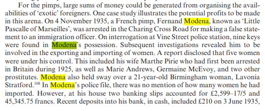 Extract from Stefan Slater (2007) Pimps, Police and Filles de Joie: Foreign Prostitution in Interwar London, The London Journal, 32:1, 53-74 - this is page 64.