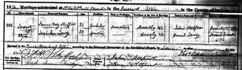 1874 Marriage Registration of Francis Henry Stratford and Sarah Ann Tandy in Birmingham
(Ancestry)