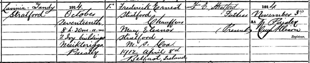 Scottish 1914 Birth Registration for Lavinia Tandy Stratford
(ScotlandsPeople.gov.uk)