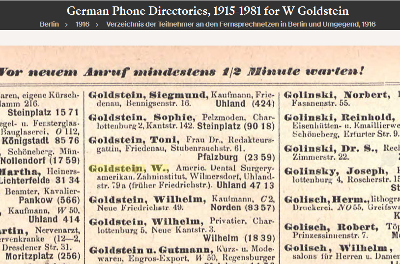 1916 Berlin address book - entry for dentist W. Goldstein
(From Ancestry site)